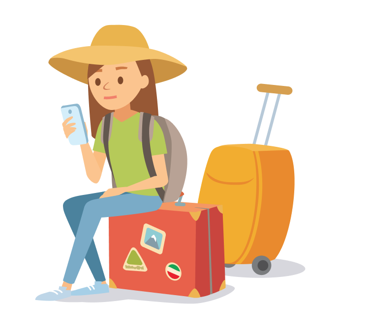 Reisende sitzt auf Koffer mit Handy und Gepäck – steht für eine falsche Seite oder Irrweg